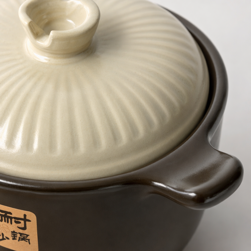 Brown clay pot with beige patterned lid, home stew pot, ceramic soup pot Application Scenario