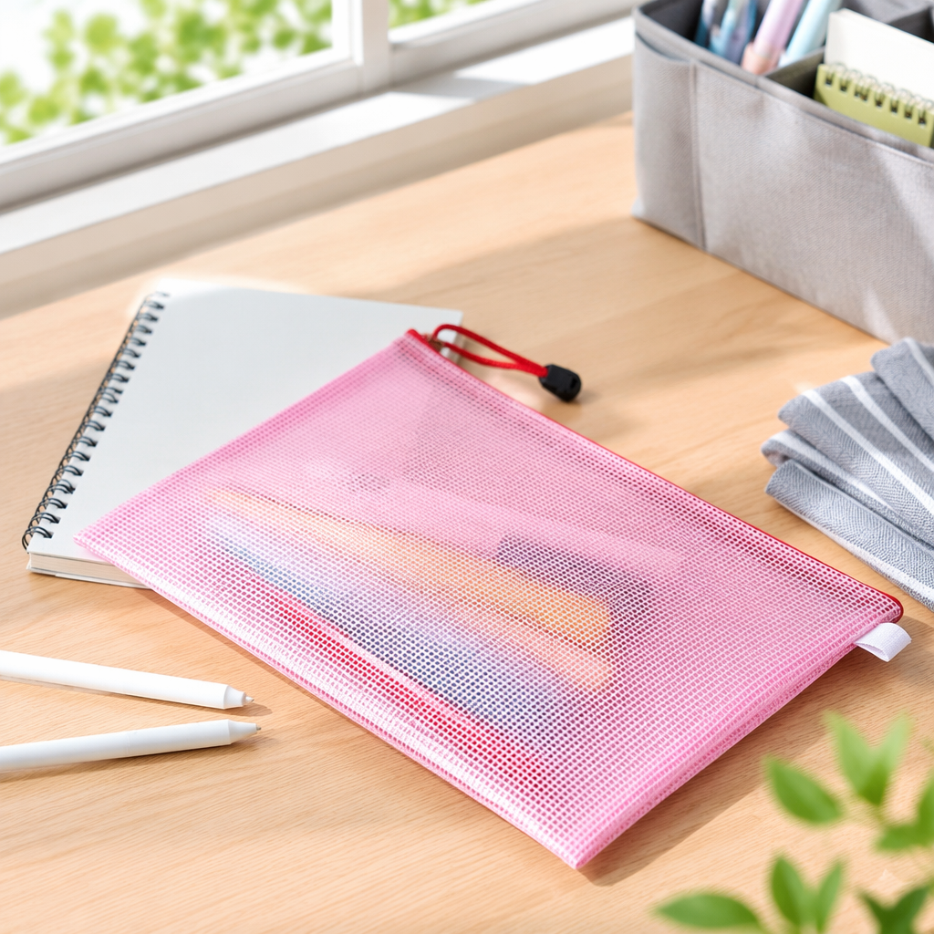 Pink grid file bag, A4 thickened waterproof office storage bag details Picture