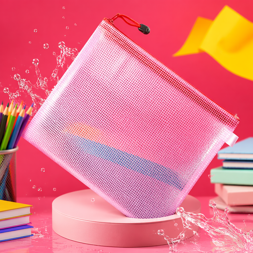 Pink grid file bag, A4 thickened waterproof office storage bag Specification image