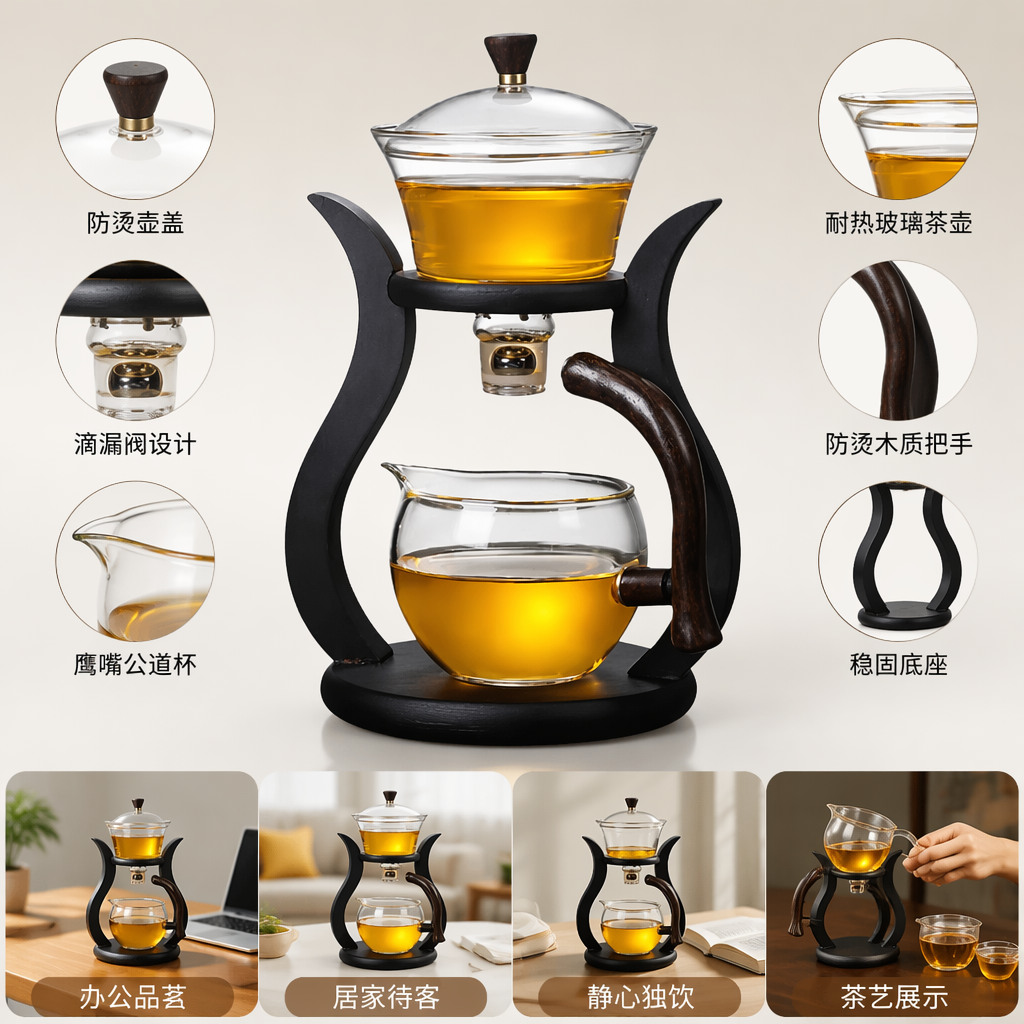 Black stand glass tea set, teapot and tea cup combination, high borosilicate heat-resistant transparent Black stand glass tea set, teapot and tea cup combination, high borosilicate heat-resistant transparent