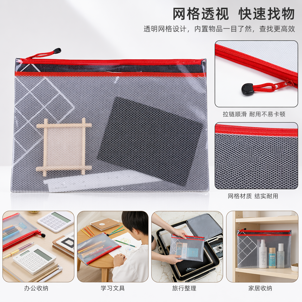 The transparent grid zipper bag, self-standing storage bag, is dust-proof, moisture-proof and reusable