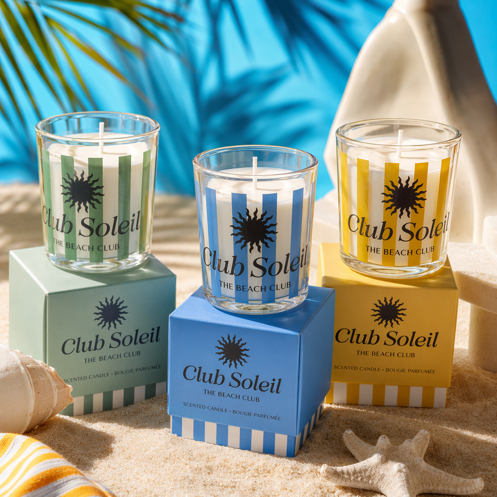 Club Soleil Three striped glass cup scented candles with green, white, blue, white, yellow and white sun patterns Specification image