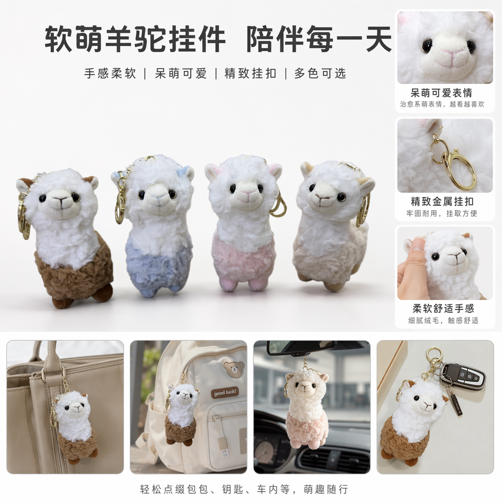 四只彩色毛绒羊驼钥匙扣可爱挂件车载包饰