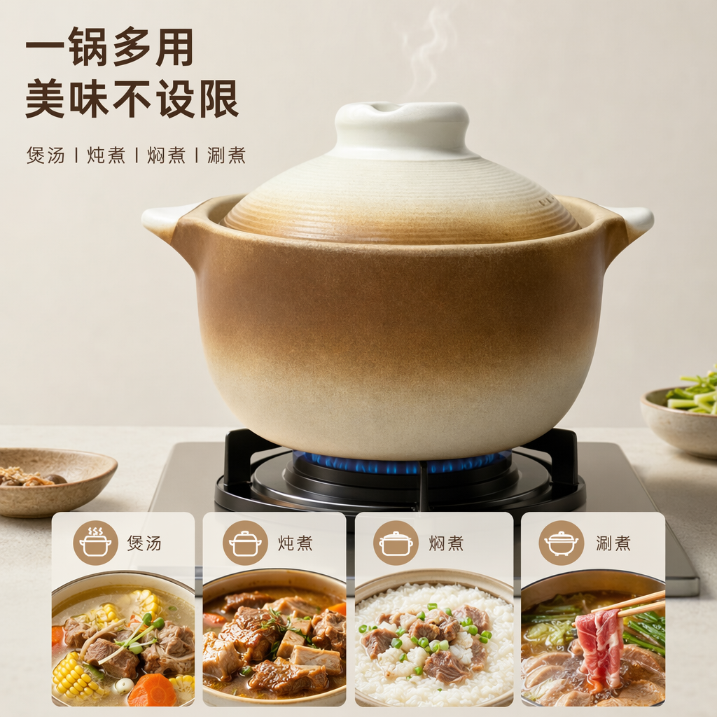 Brown and white gradient ceramic stew pot, household multi-functional clay pot, heat-resistant soup pot