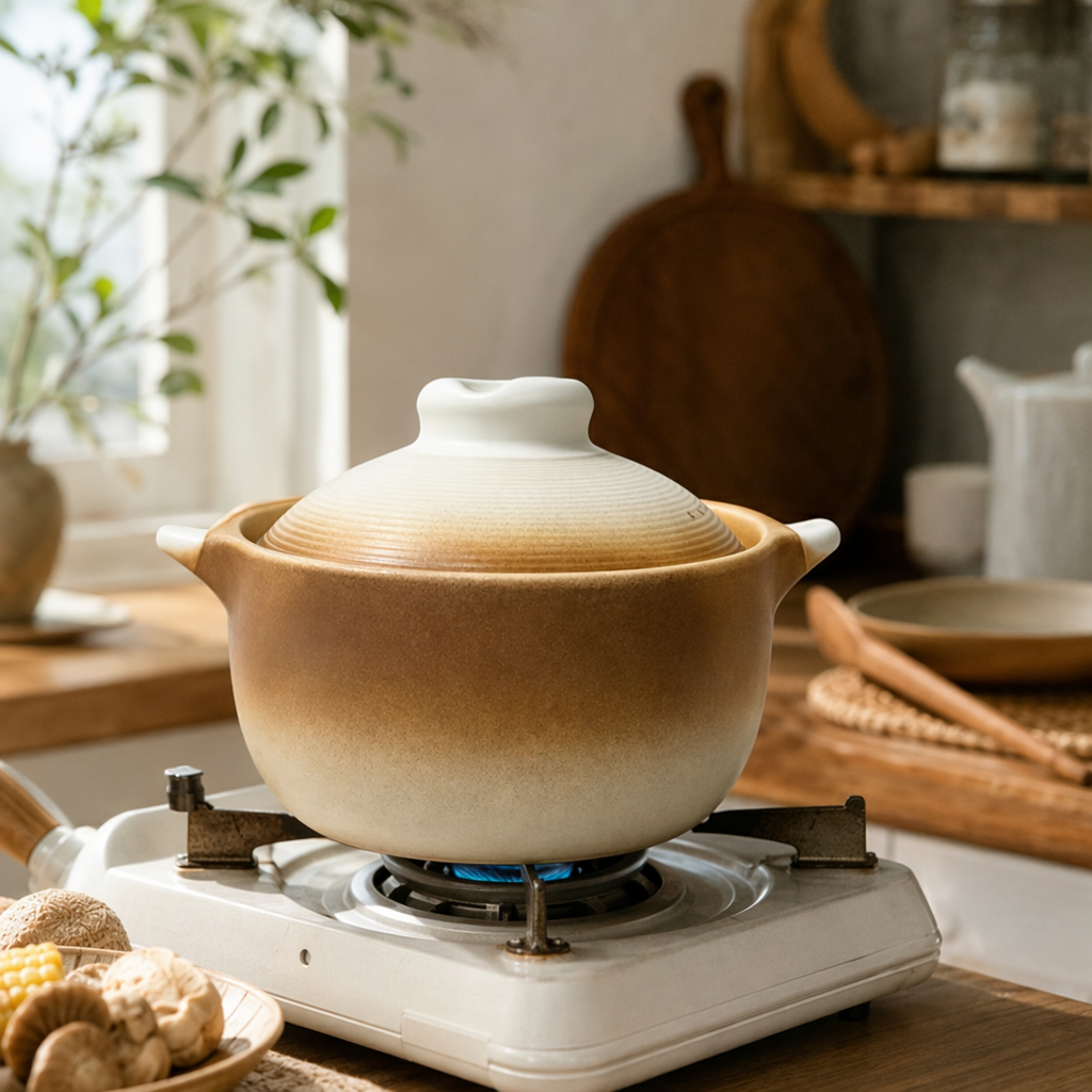 Brown and white gradient ceramic stew pot, household multi-functional clay pot, heat-resistant soup pot details Picture
