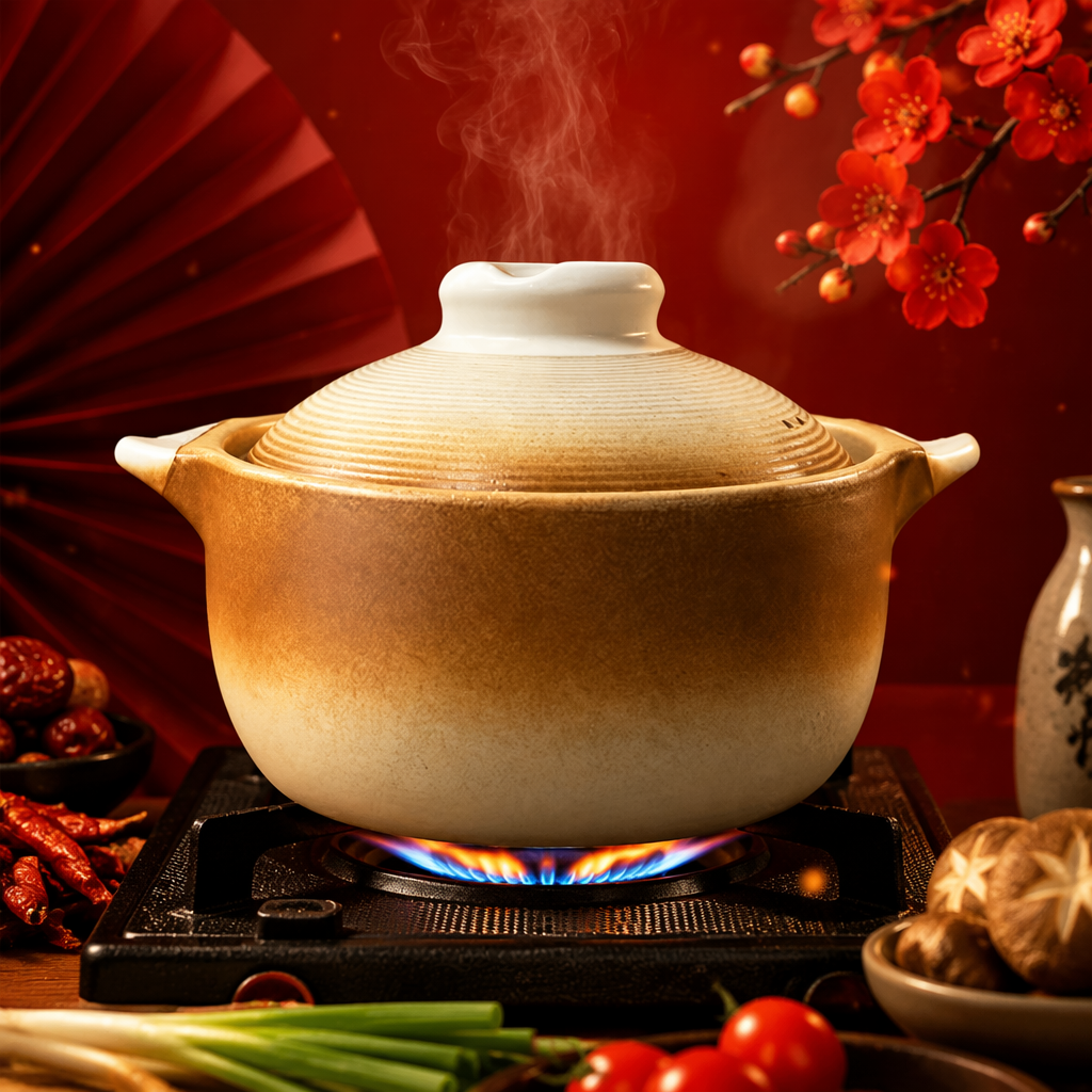 Brown and white gradient ceramic stew pot, household multi-functional clay pot, heat-resistant soup pot Specification image