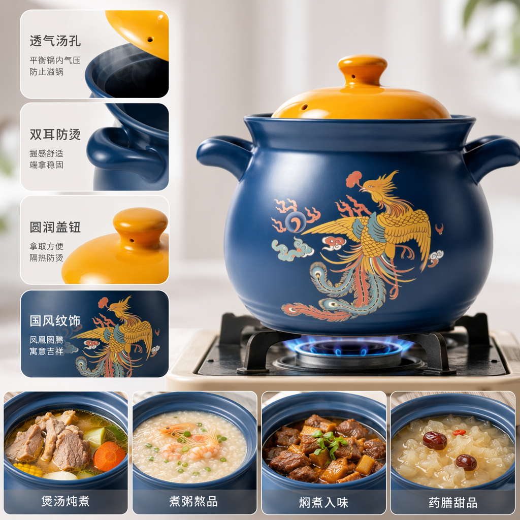 Blue phoenix-patterned ceramic stew pot, a household clay pot for making soup, is heat-resistant and heat-resistant with multiple functions