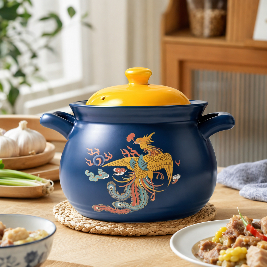 Blue phoenix-patterned ceramic stew pot, a household clay pot for making soup, is heat-resistant and heat-resistant with multiple functions details Picture