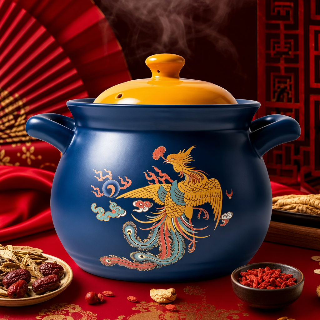 Blue phoenix-patterned ceramic stew pot, a household clay pot for making soup, is heat-resistant and heat-resistant with multiple functions Specification image
