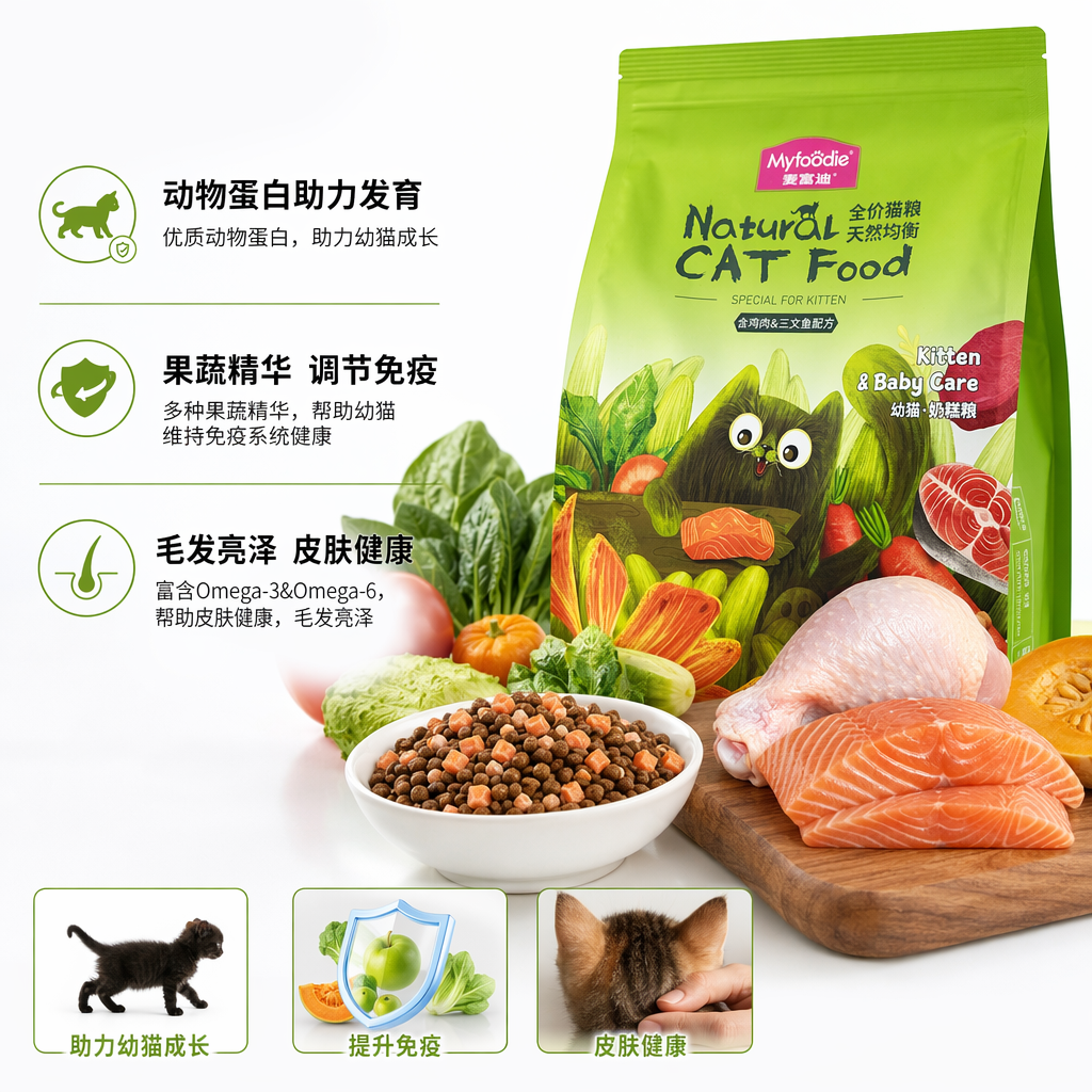 麦富迪Myfoodie绿色卡通黑猫包装袋天然猫粮含鸡肉三文鱼胡萝卜