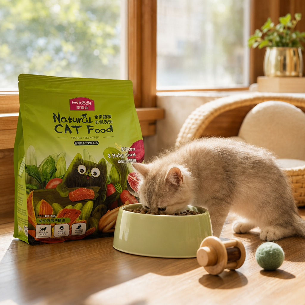 Myfoodie green cartoon black cat packaging natural cat food with chicken, salmon and carrots details Picture