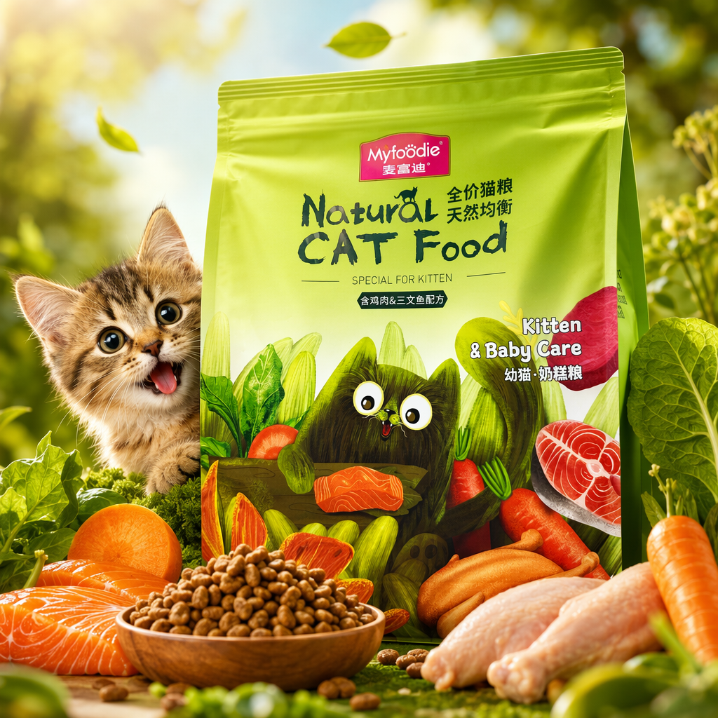 Myfoodie green cartoon black cat packaging natural cat food with chicken, salmon and carrots Specification image
