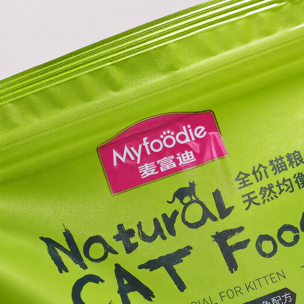 Myfoodie green cartoon black cat packaging natural cat food with chicken, salmon and carrots Application Scenario