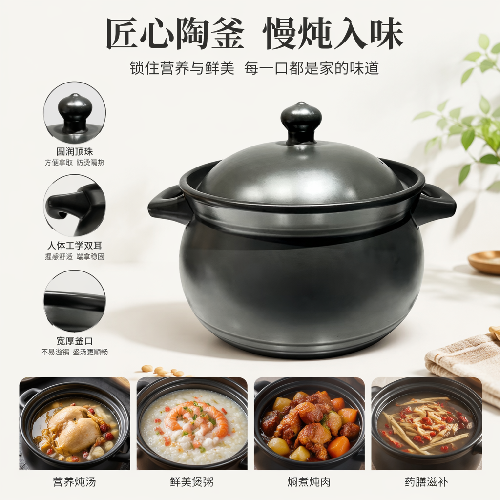 Black clay pot, household stew pot, ceramic soup pot, high-temperature resistant health pot