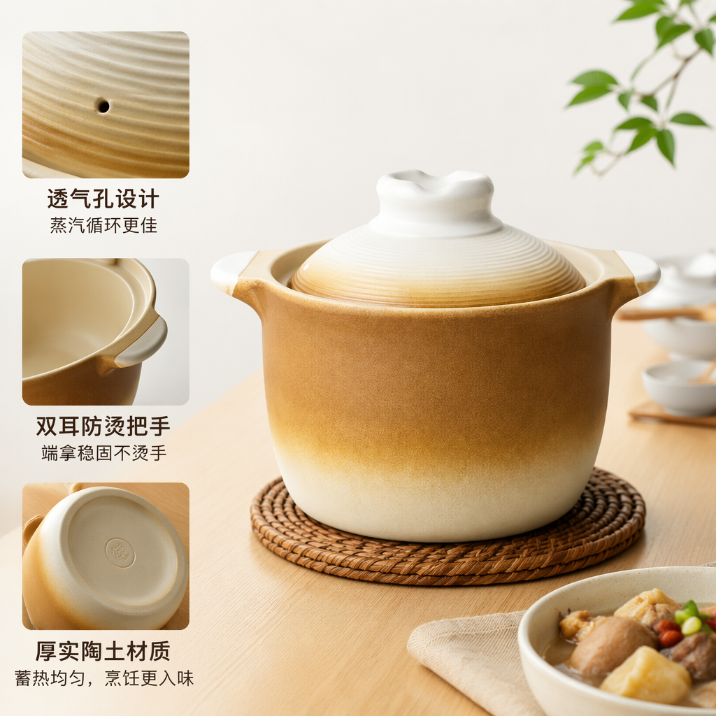 The brown gradient ceramic stew pot is a household multi-functional clay pot that can withstand high temperatures for making soup and stir-frying