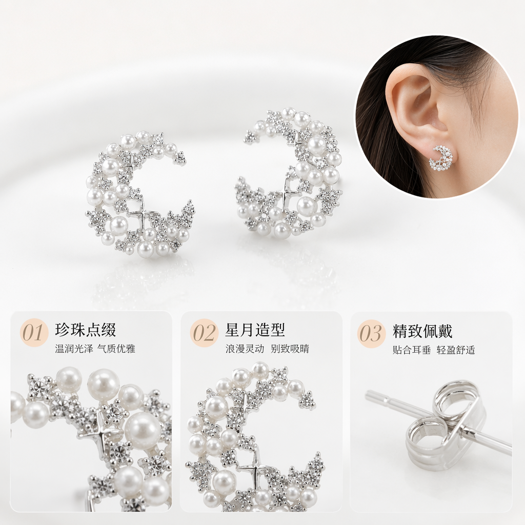 银色珍珠星星耳环女简约时尚耳饰