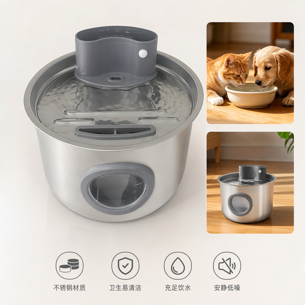Grey circular window with infrared sensor pet water dispenser, silent circulation automatic, USB charging for cats and dogs