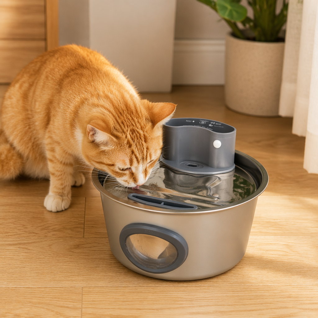 Grey circular window with infrared sensor pet water dispenser, silent circulation automatic, USB charging for cats and dogs details Picture