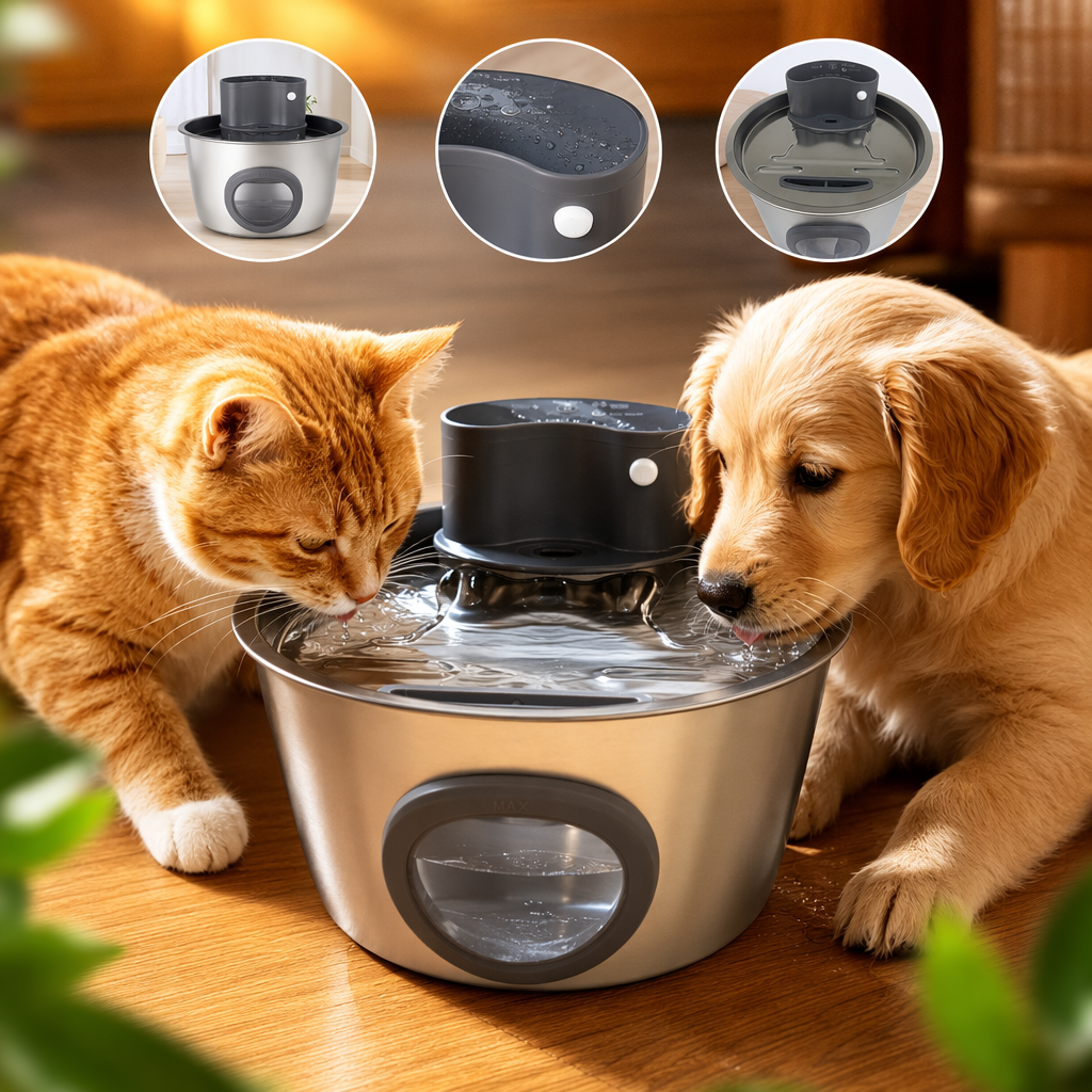 Grey circular window with infrared sensor pet water dispenser, silent circulation automatic, USB charging for cats and dogs Specification image