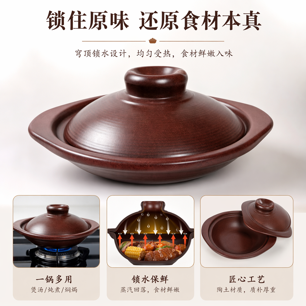 Dark brown handcrafted earthenware pot, household stewing pot, high-temperature resistant ceramic pot