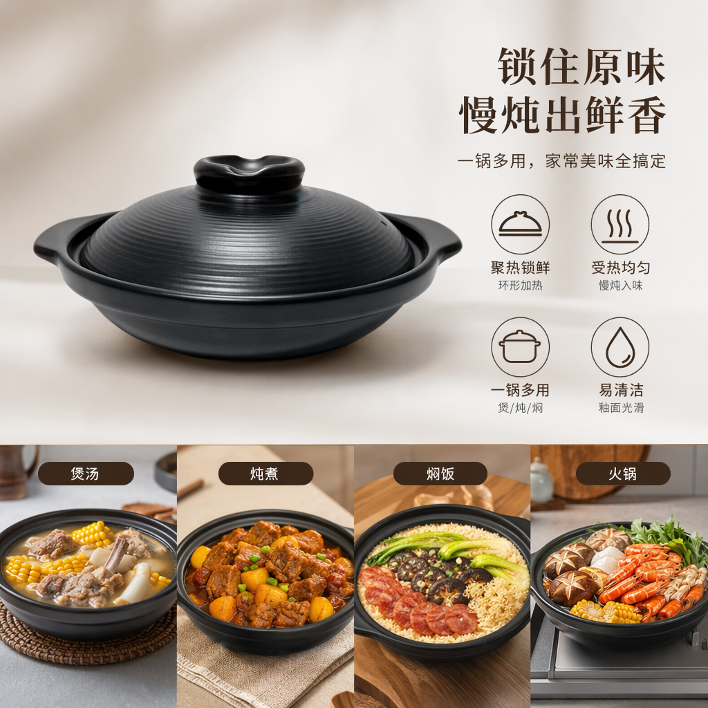 Black earthenware pot, household stew pot, clay pot for making soup, high-temperature resistant, unglazed coarse earthenware pot
