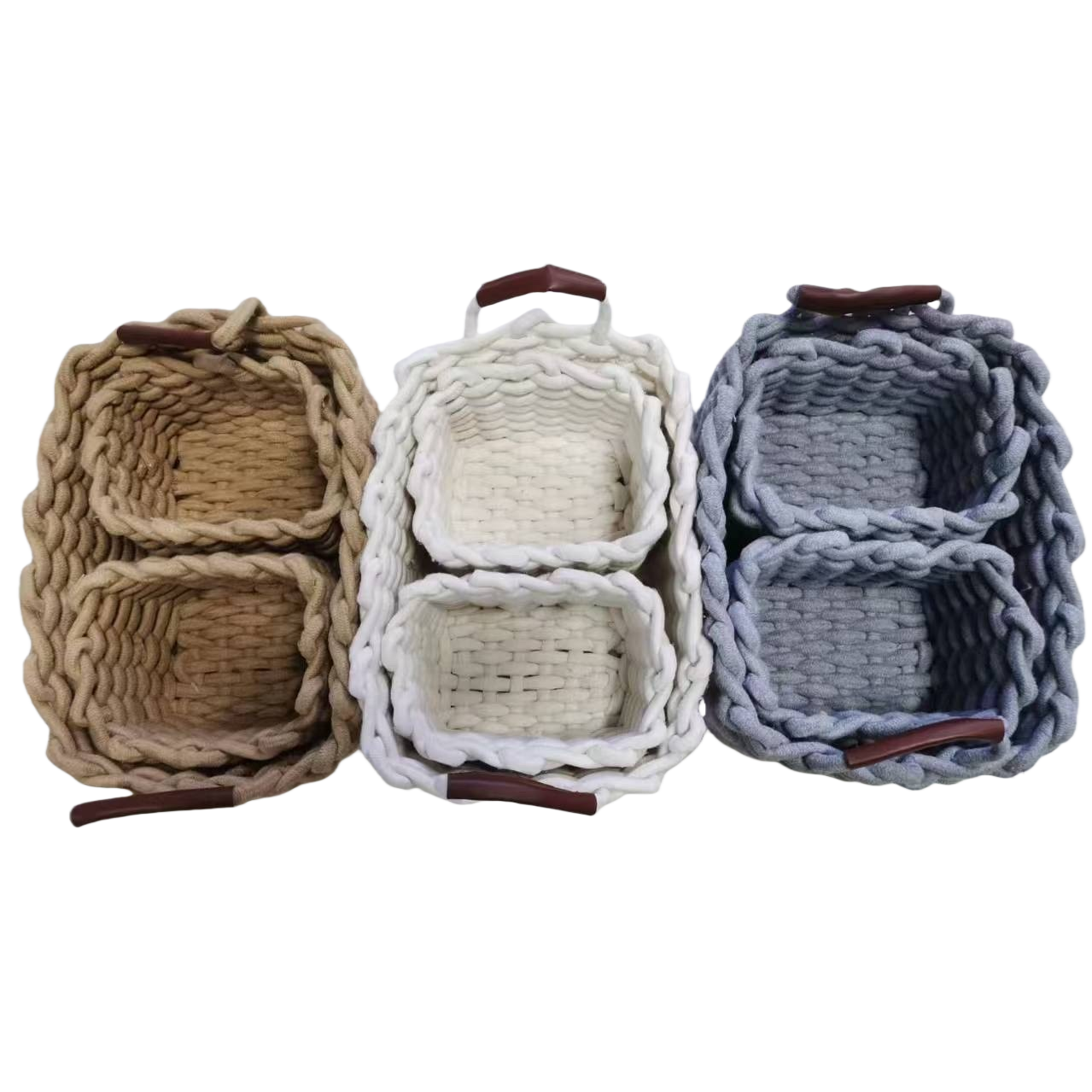 Three sets of colorful woven baskets, home storage baskets, living room and bedroom storage baskets, and eco-friendly rattan weaving Item Picture