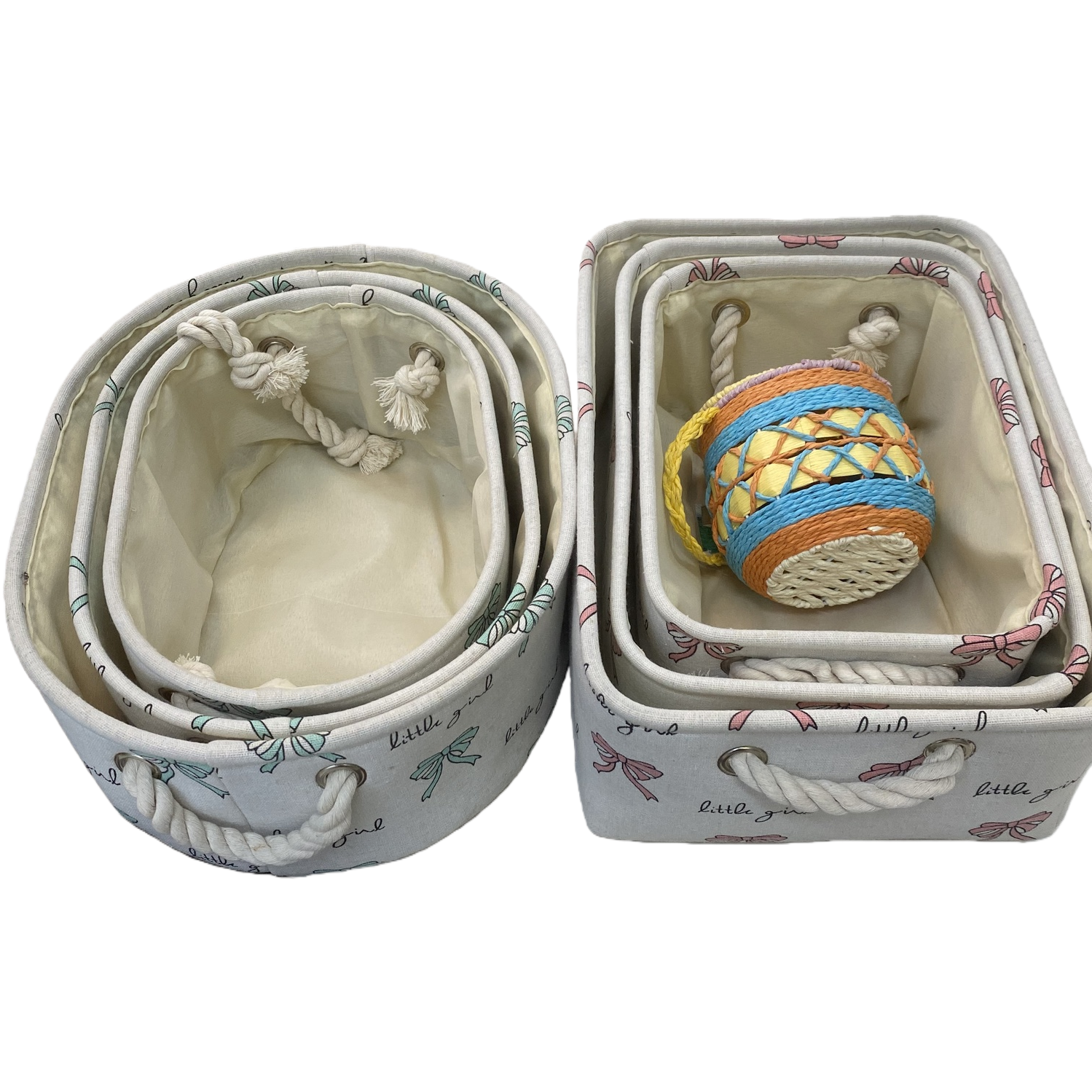 Colorful rope-woven ball and grey bow pattern storage basket Item Picture