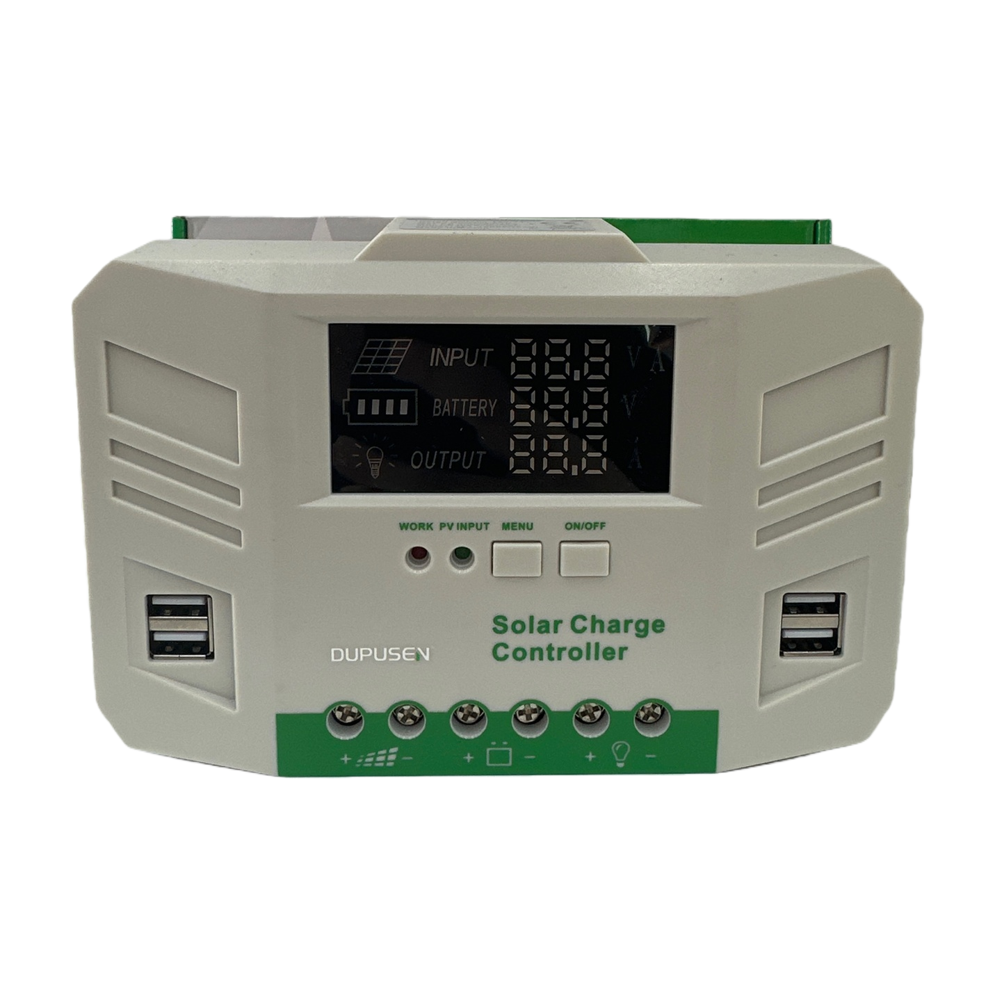 The beige solar charging controller features intelligent charging and discharging protection, compatible with both 12V and 24V Item Picture