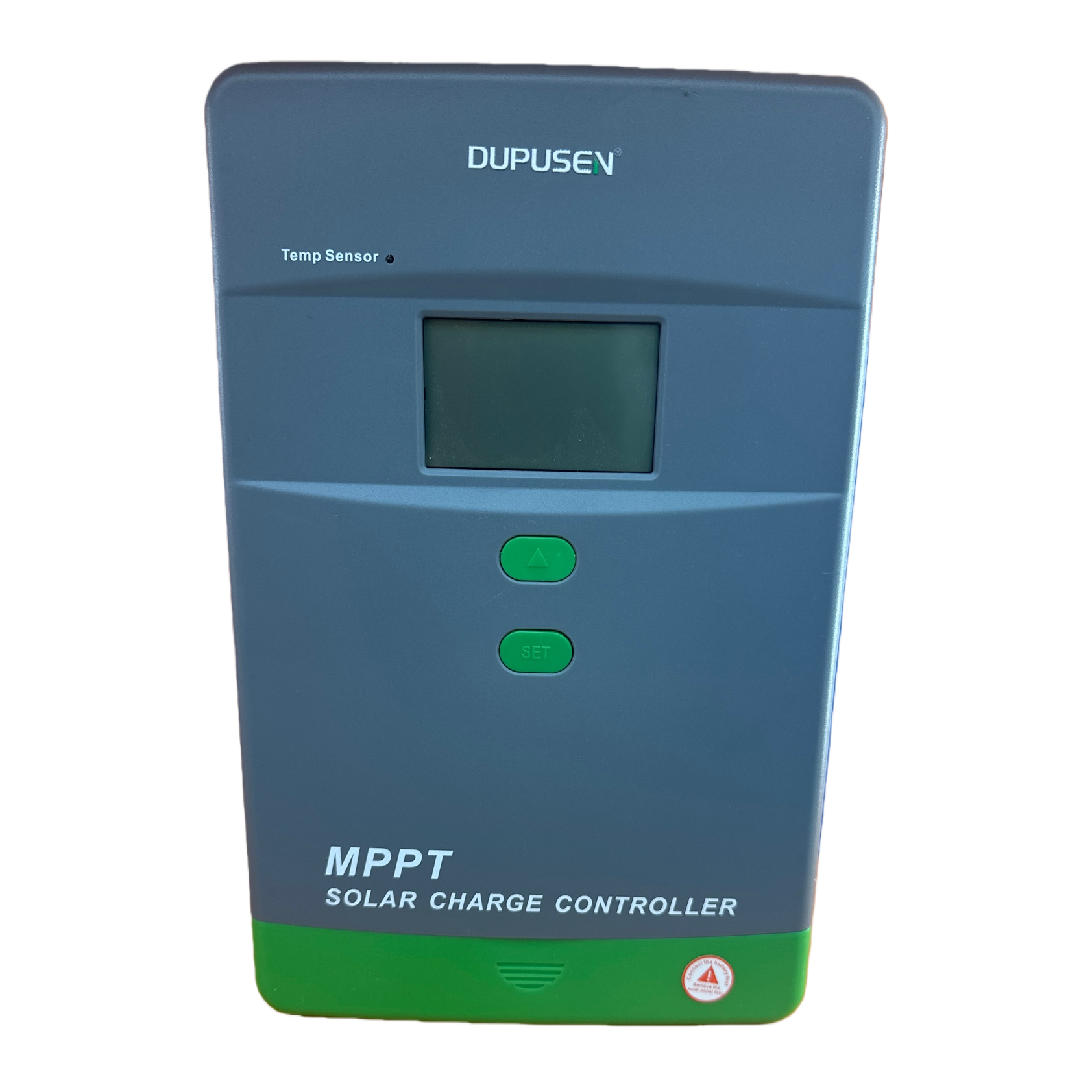 Grey MPPT solar charging controller with green edges Item Picture
