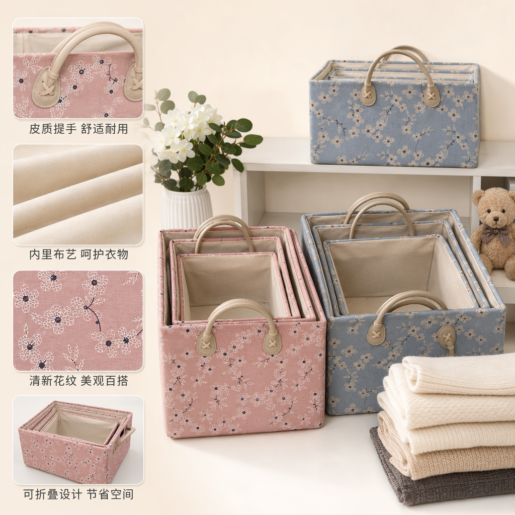 Blue and pink floral fabric storage basket, multi-functional living room and bedroom organization basket