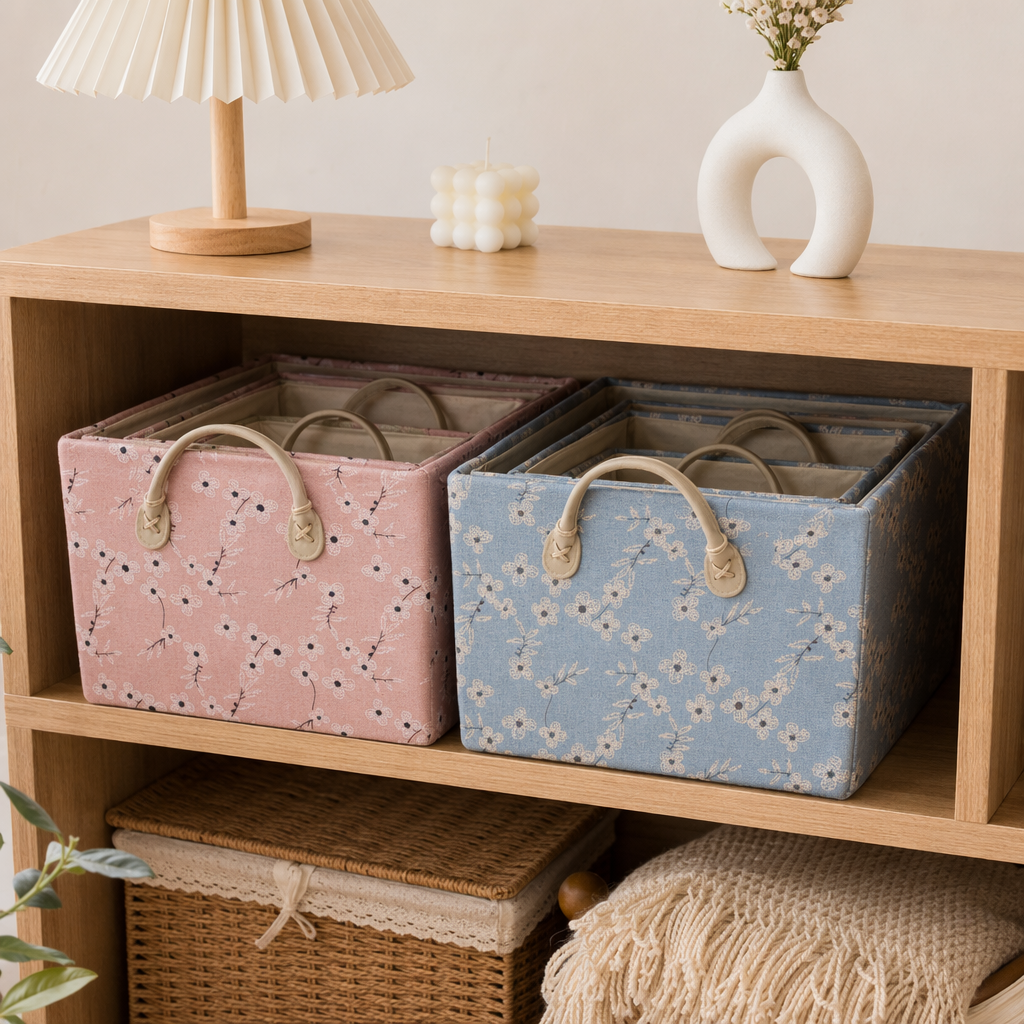 Blue and pink floral fabric storage basket, multi-functional living room and bedroom organization basket details Picture