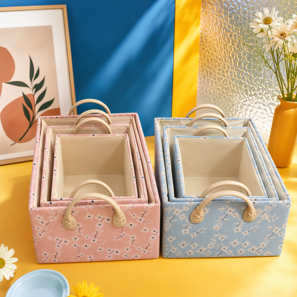 Blue and pink floral fabric storage basket, multi-functional living room and bedroom organization basket Specification image