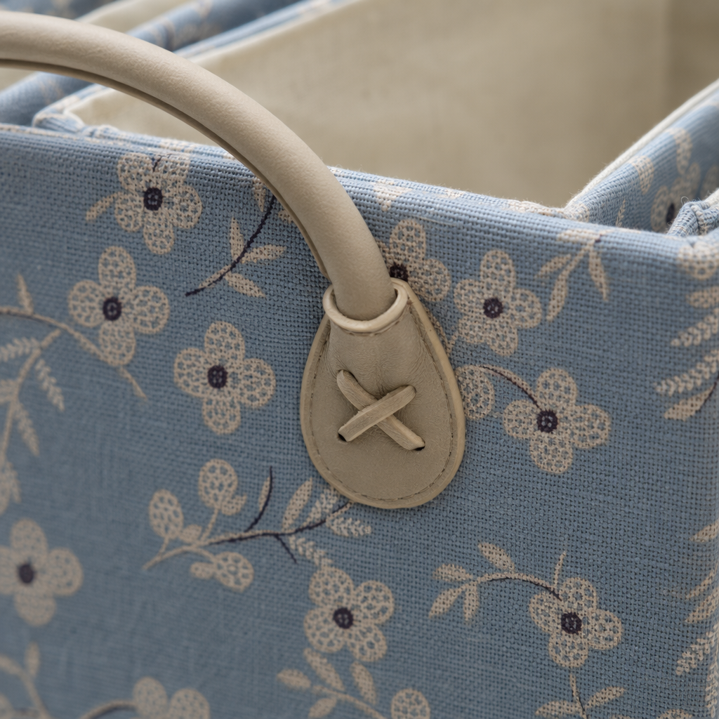 Blue and pink floral fabric storage basket, multi-functional living room and bedroom organization basket Application Scenario