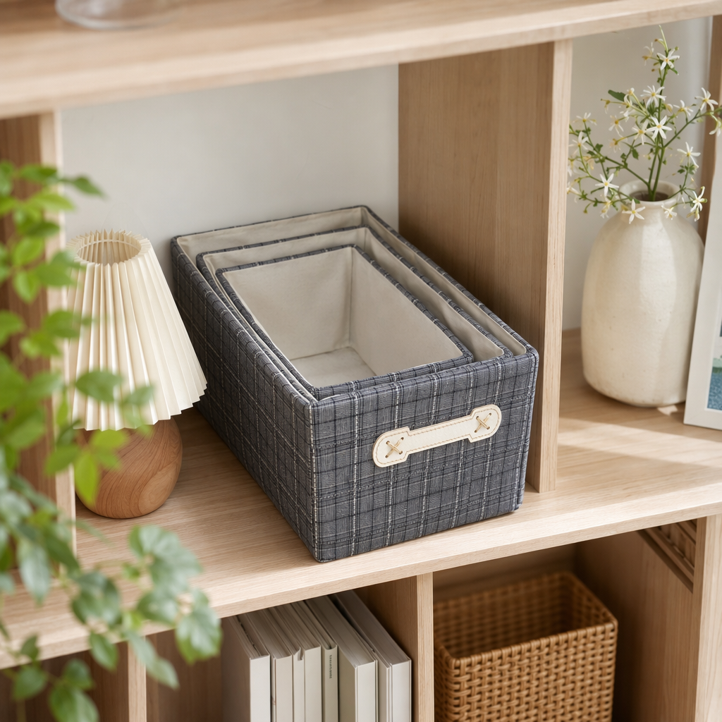Blue and white checkered storage box, home desktop organization box, simple Nordic-style storage box details Picture