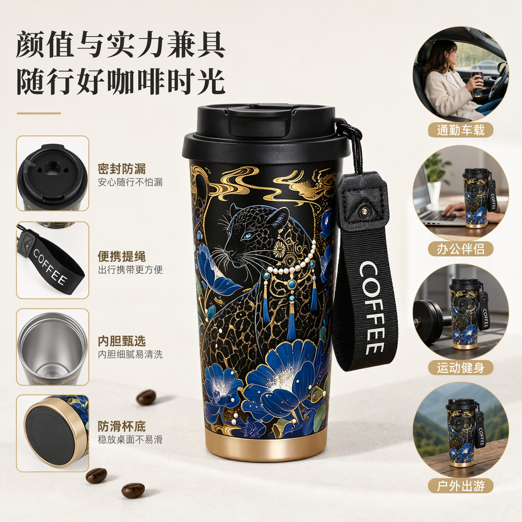 黑色保温杯金色豹纹蓝花图案配黑盖COFFEE挂绳