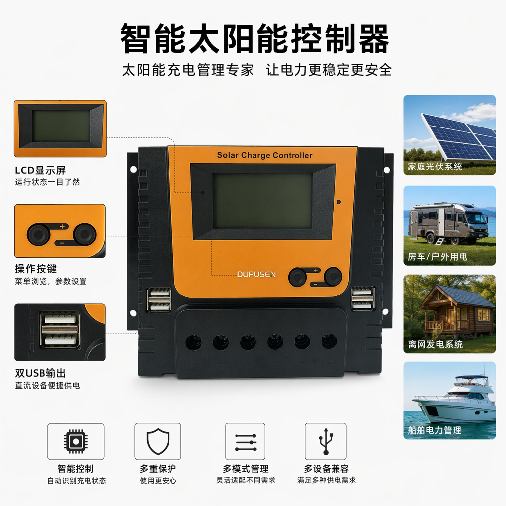 The orange and black alternating solar charging controller is a dedicated intelligent charging and discharging management system for photovoltaic systems