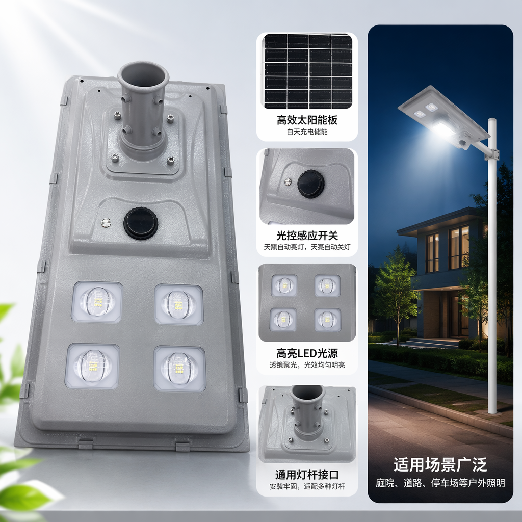 The outdoor courtyard solar LED street lamp accessories of the grey street lamp body are waterproof and anti-corrosive