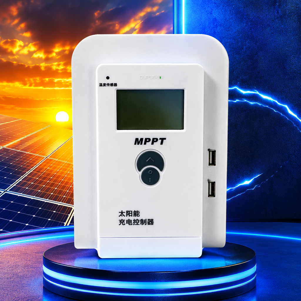 The white MPPT solar charging controller is a dedicated intelligent charging and discharging control system for photovoltaic systems Specification image