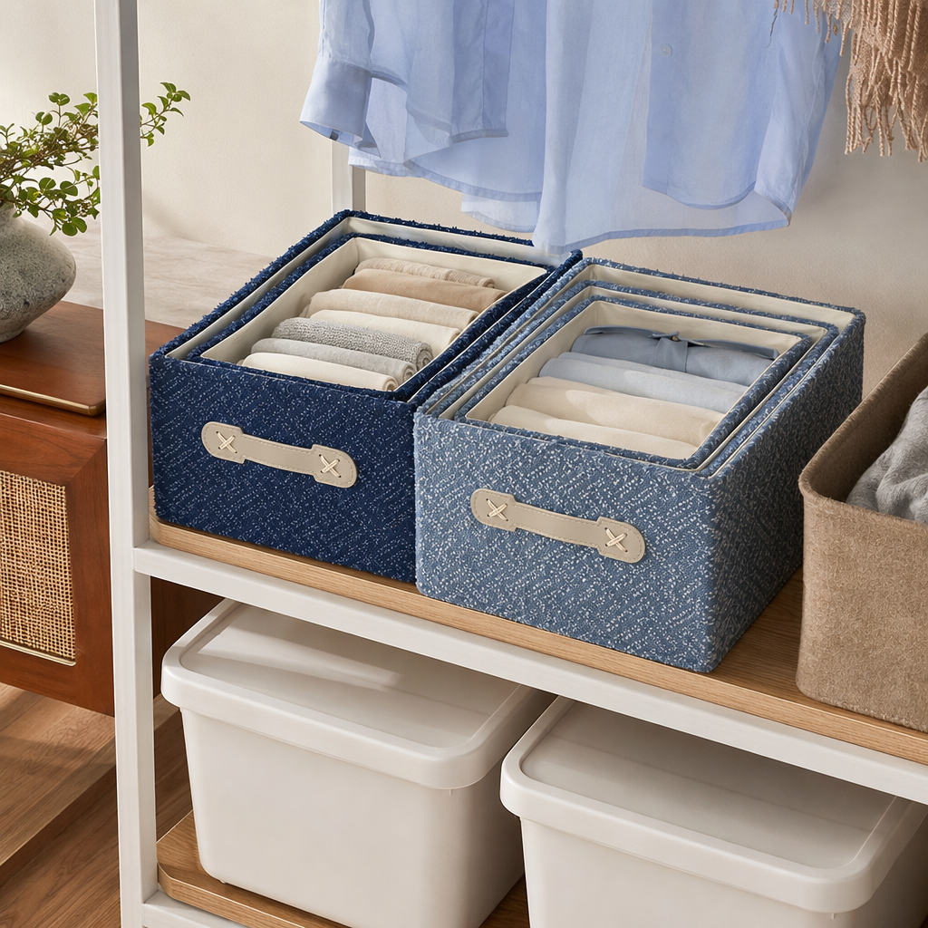 Blue fabric storage box, a home bedroom wardrobe organization wonder, foldable fabric storage box details Picture