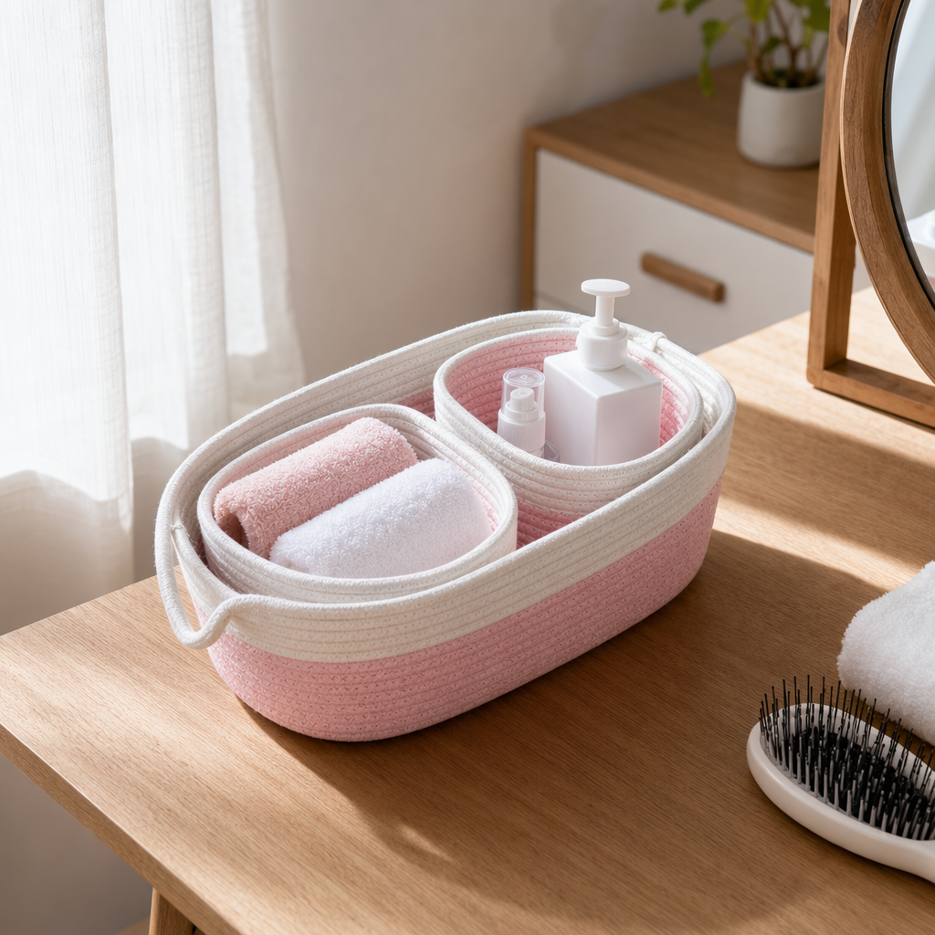 Pink woven basket home storage basket, bedroom and living room storage basket, simple Nordic style details Picture