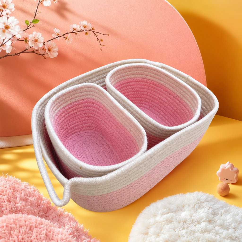 Pink woven basket home storage basket, bedroom and living room storage basket, simple Nordic style Specification image