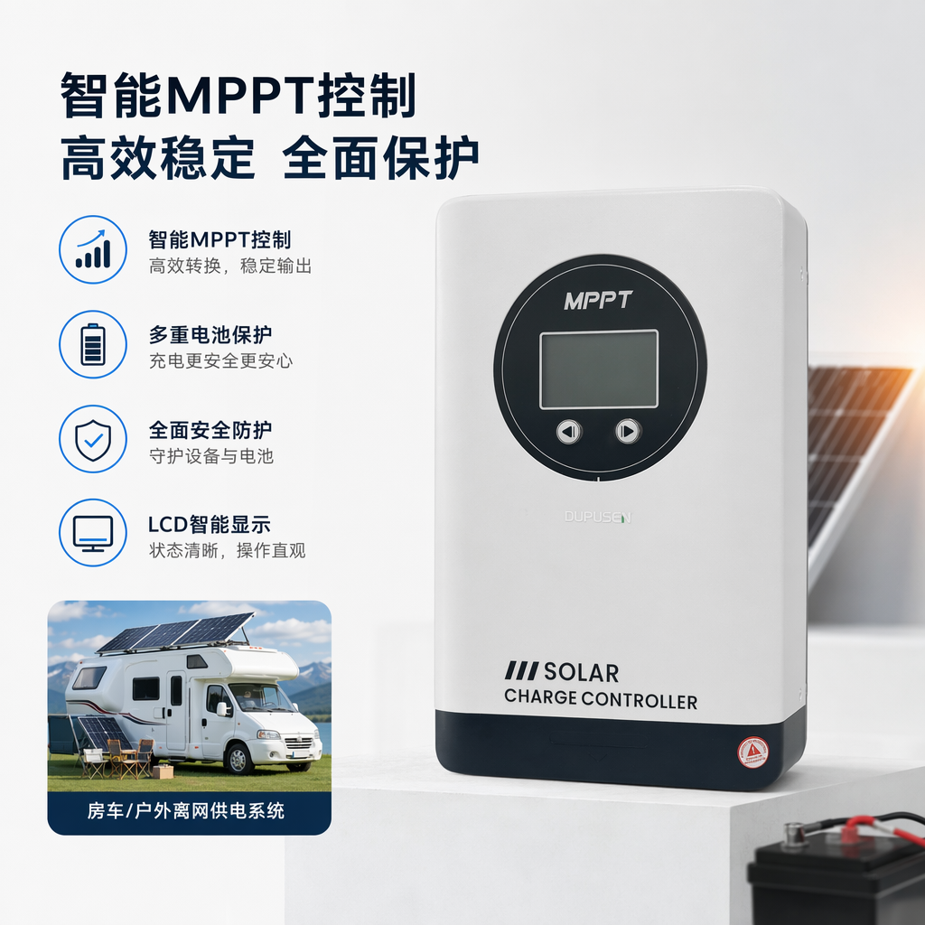 The white solar charging controller features intelligent charge and discharge protection, with dual voltage compatibility of 12V and 24V for MPPT