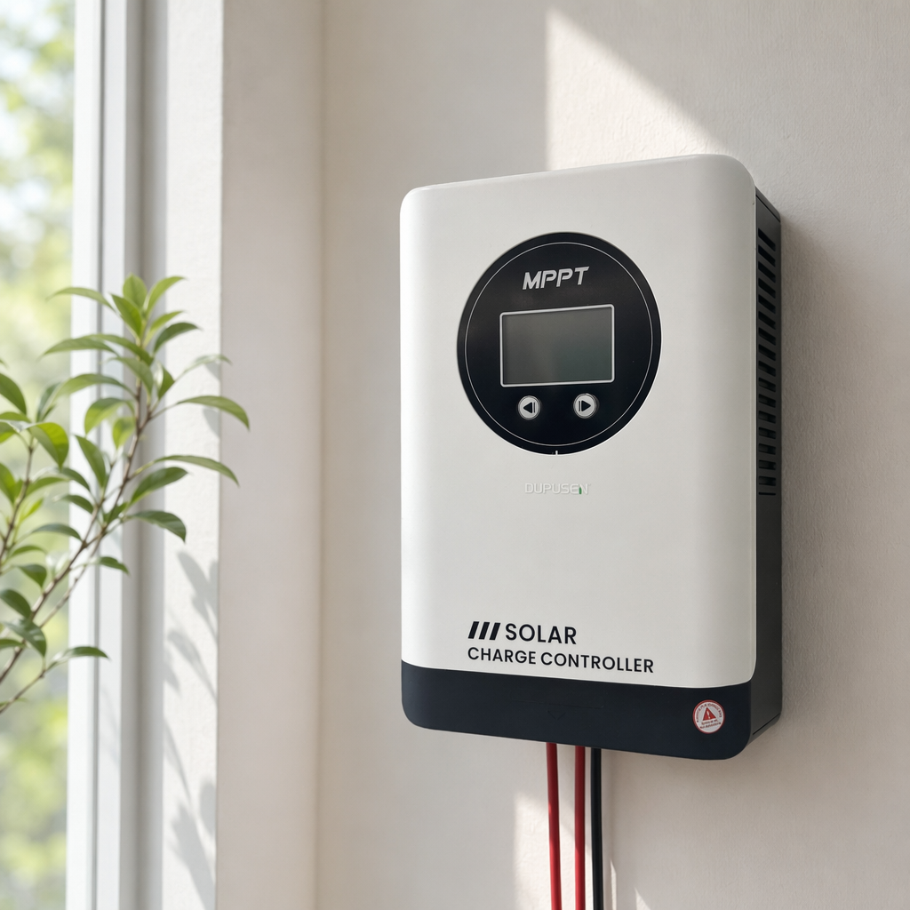 The white solar charging controller features intelligent charge and discharge protection, with dual voltage compatibility of 12V and 24V for MPPT details Picture