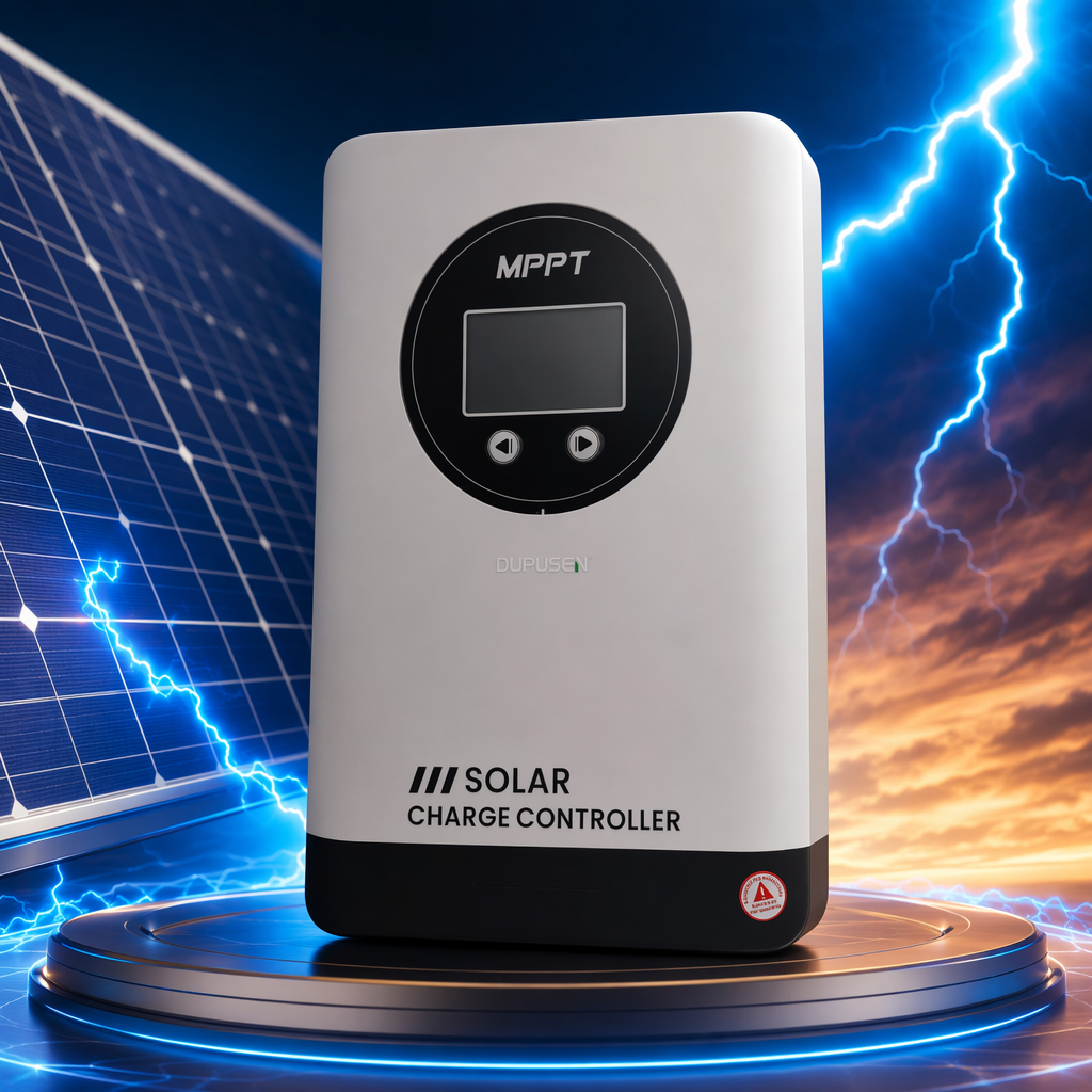 The white solar charging controller features intelligent charge and discharge protection, with dual voltage compatibility of 12V and 24V for MPPT Specification image