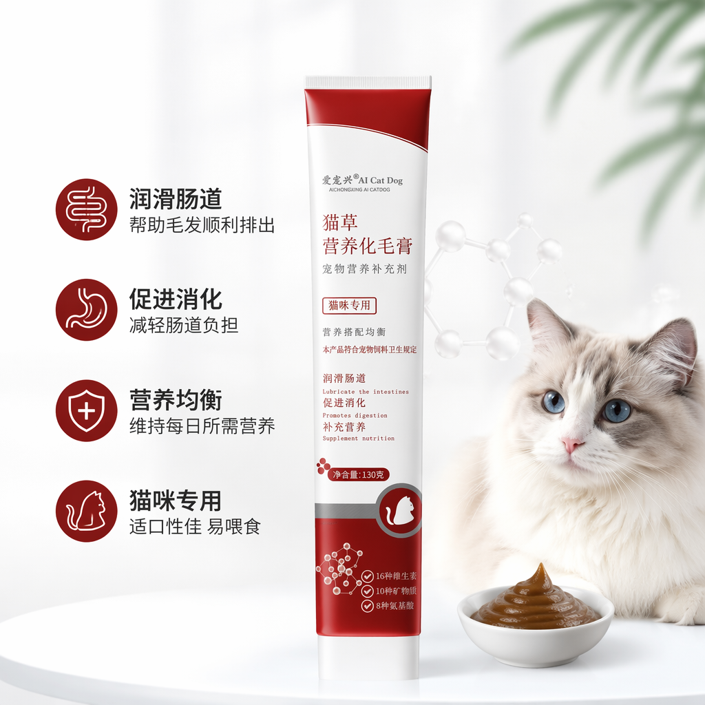Rojo y blanco caja de embalaje gato hierba nutritización pelo crema especial para mascotas pelado bola suavizar intestino