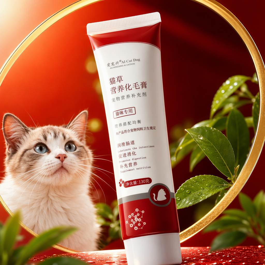 Rojo y blanco caja de embalaje gato hierba nutritización pelo crema especial para mascotas pelado bola suavizar intestino Specification image