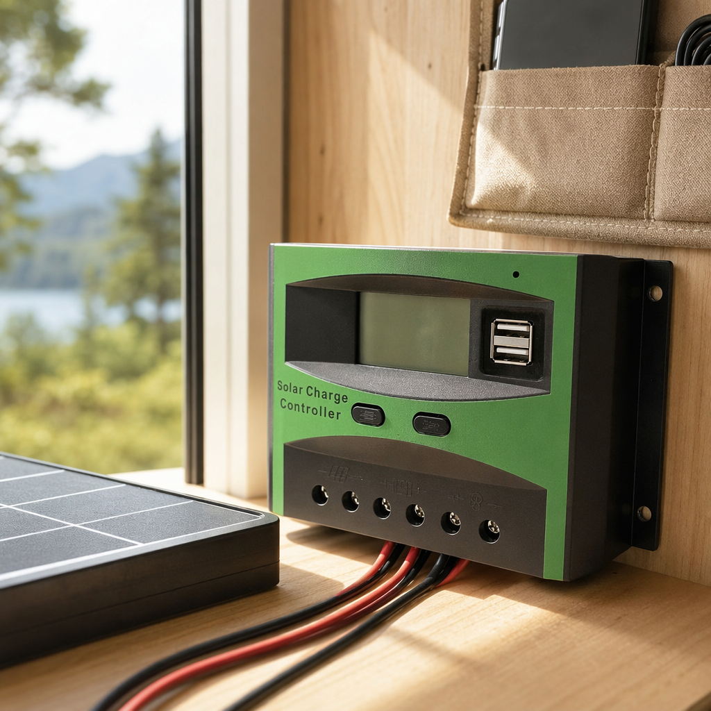 The green solar charging controller features intelligent constant voltage anti-reverse connection and dual voltage compatibility of 12V and 24V details Picture