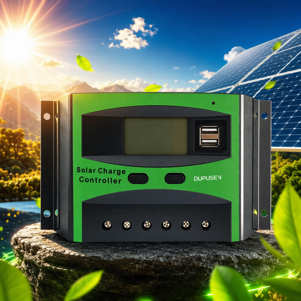 The green solar charging controller features intelligent constant voltage anti-reverse connection and dual voltage compatibility of 12V and 24V Specification image