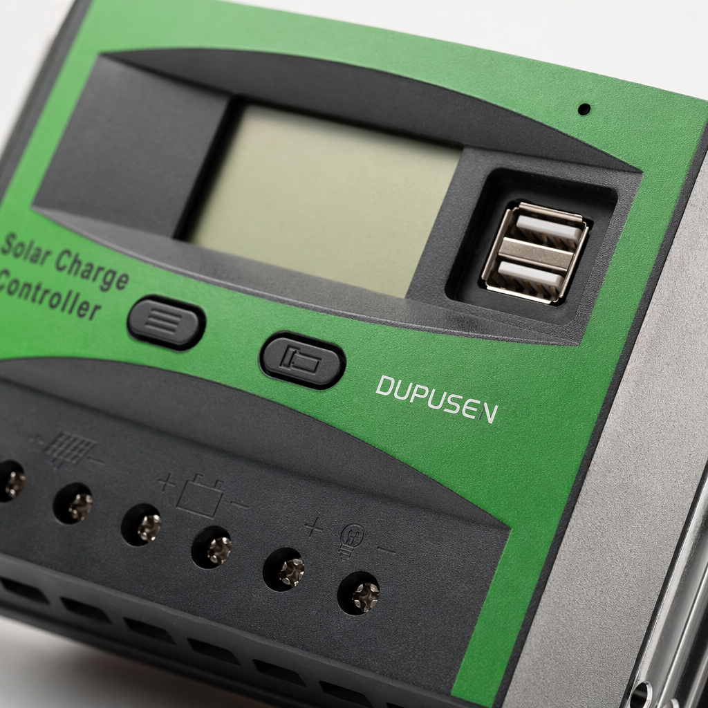 The green solar charging controller features intelligent constant voltage anti-reverse connection and dual voltage compatibility of 12V and 24V Application Scenario