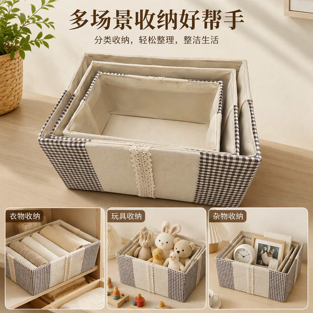 The checkered fabric storage box, multi-functional storage box and home organization box are foldable and portable